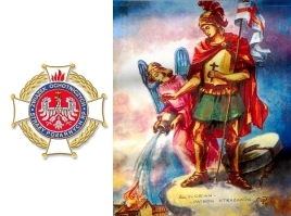 Święty Florian i logo Związku Ochotniczych Straży Pożarnych RP